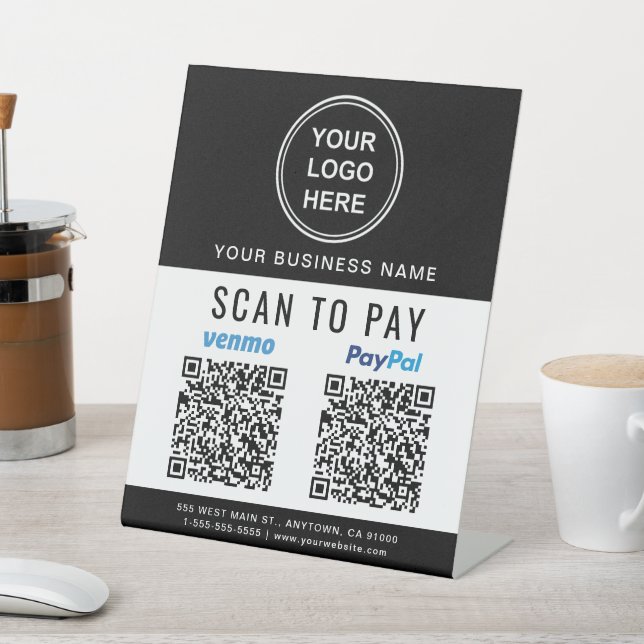 Scan to PayPal Venmo QR-Codes Logo Schwarz-weiß Sockelschild (In SItu)