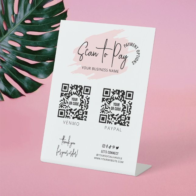 Scan von Firmenlogos für 2 QR-Codes in Rosa Sockelschild (Make modern payment signs for your business with this blush pink watercolor pedestal sign design)