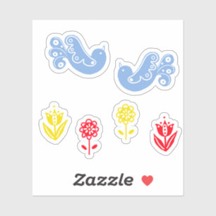 Scandi Blue Bird Red Yellow Flowers Aufkleber