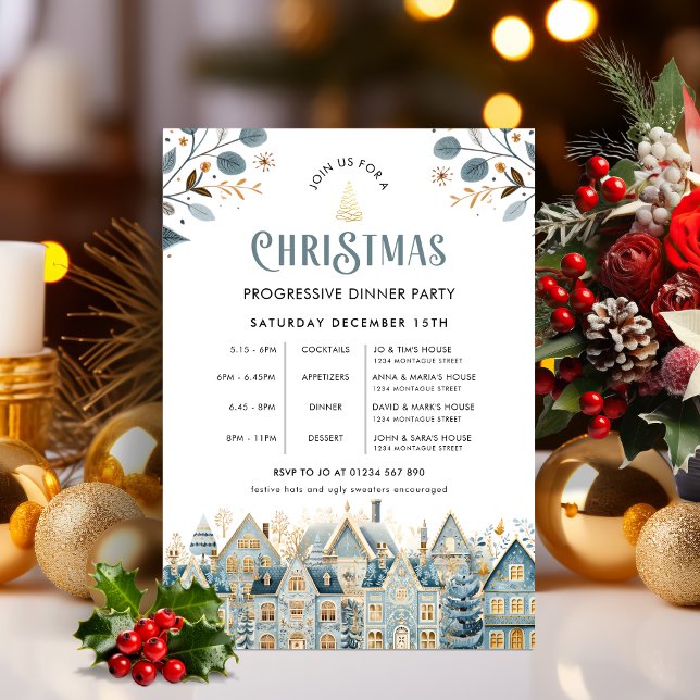 Scandi Blue Progressive Christmas Dinner Party Einladung (Progressive Dinner Invitation )