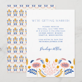 Scandi Folk Blume Blau Gelbe Lässige Hochzeit Einladung