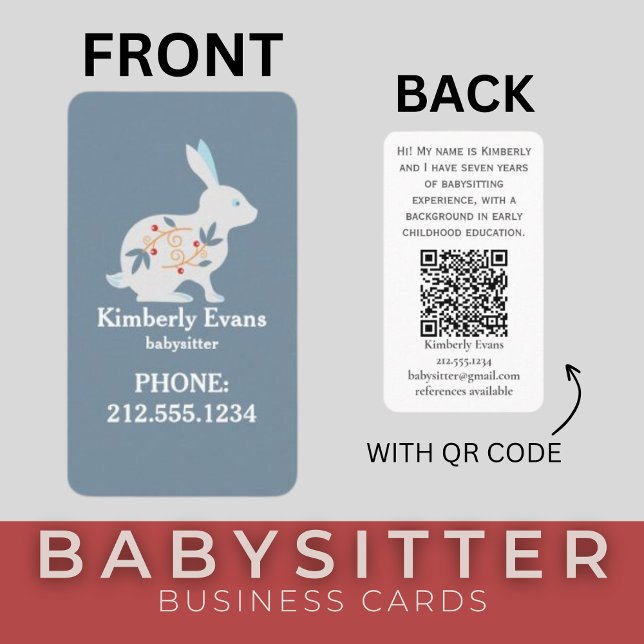 SCANDI Rabbit Floral Navy Babysitter QR Code Visitenkarte (SCANDI Bunny Rabbit Floral Navy Babysitter Business Cards )