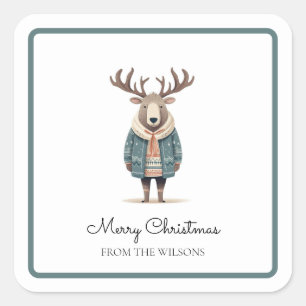 Scandi Reindeer mit einem Coat-Aufkleber Quadratischer Aufkleber