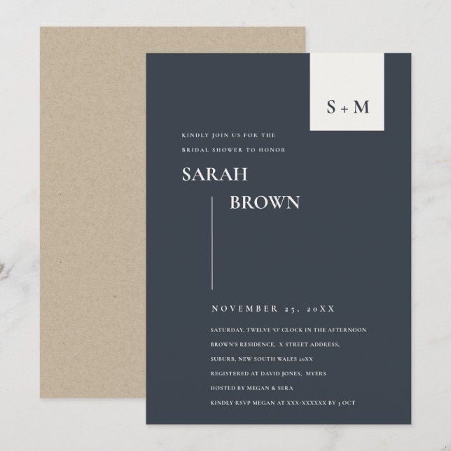 SCANDI SCHWARZ-WEISS MONOGRAM BRAUTPARTY INVITE DANKESKARTE (Vorne/Hinten)