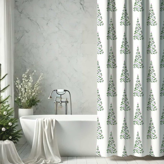 Scandi Weihnachtsdekor Duschvorhang (Scandi Christmas shower curtain decor features holiday tree art Victoria Grigaliunas DoTellABelle)