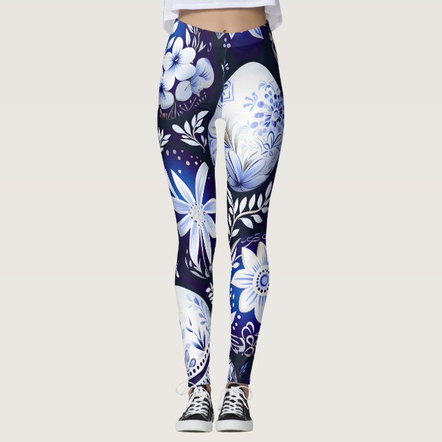 Scandinavian Blue Easter Egg Spring Floral Leggings (Vorderseite)
