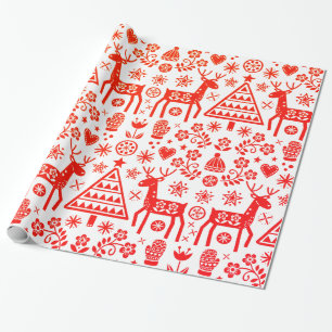 SCANDINAVIAN CHRISTMAS PATTERT ROT UND WEISS GESCHENKPAPIER