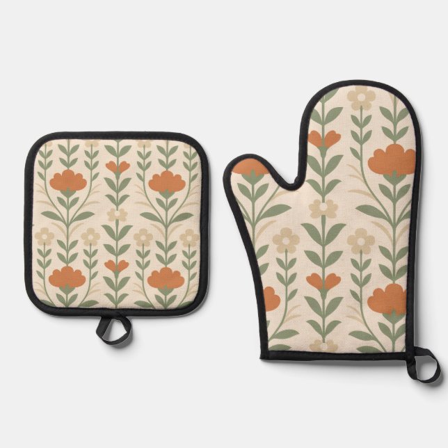 Scandinavian Floral Oven Mitt & Pot Holder Set (Vorderseite)