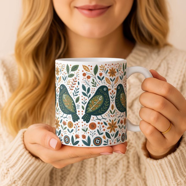 Scandinavian Folk Art Birds and Floral Pattern Mug Kaffeetasse (Von Creator hochgeladen)
