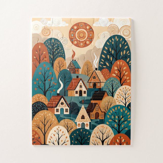 Scandinavian Folk Art Village - Autumn Hills & Coz Puzzle (Vertikal)