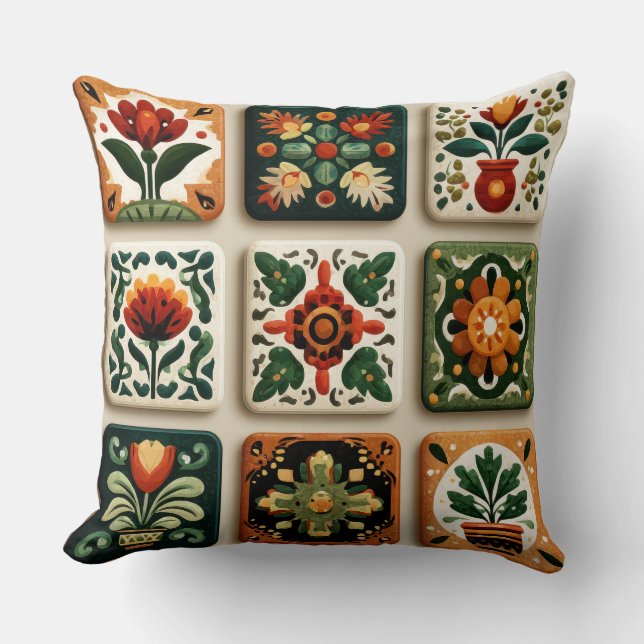 Scandinavian Folk Floral Tile Pattern Throw Pillow Kissen (Vorderseite)