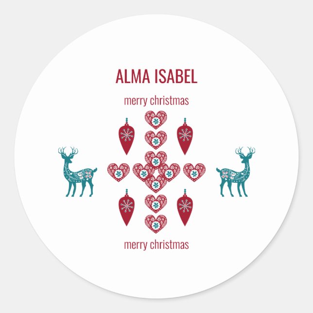 Scandinavian Hearts Rentier Personalize Name Xmas Runder Aufkleber (Vorderseite)