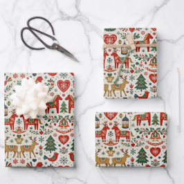 Scandinavian Red and Green Folk Christmas Pattern Geschenkpapier Set