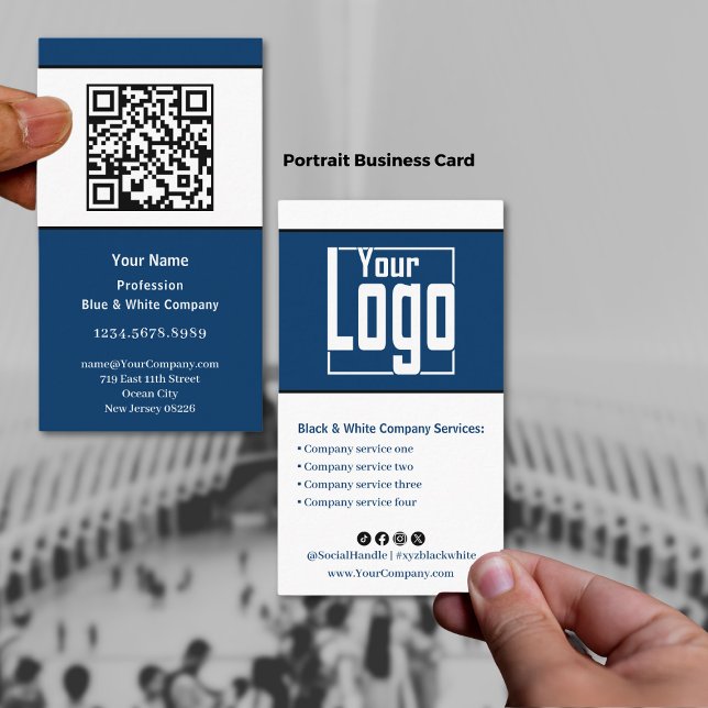 Scannable Black, Blue & White Portrait Visitenkarte (Scannable Black, Blue & White Portrait Business Card with Logo & QRcode, Service List)