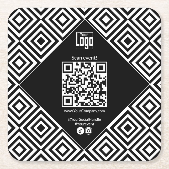 Scannable QR-Code, CTA, www, Social Black & White Rechteckiger Pappuntersetzer (Vorderseite)