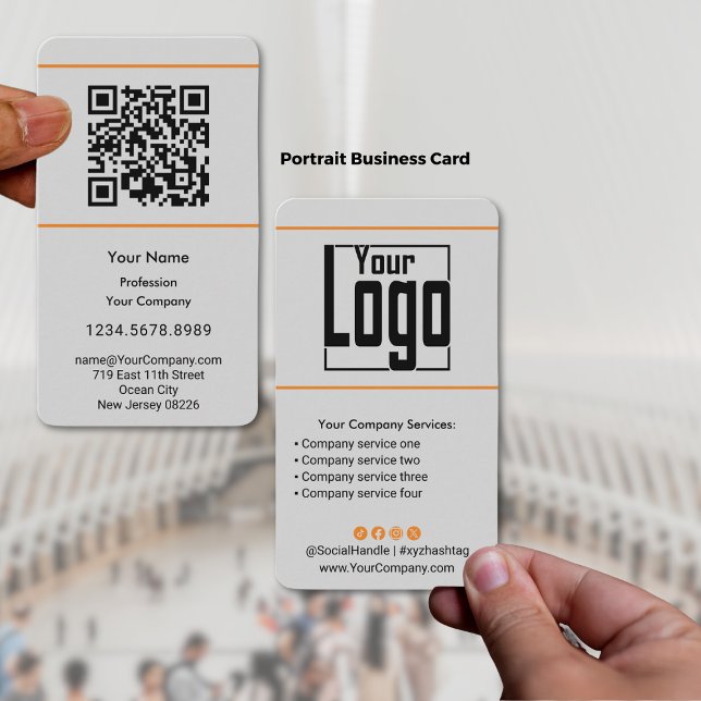 Scannable QR-Code Logo Schwarz Orange Gray Portrai Visitenkarte (Scannable QR-code Logo Black Orange Gray Portrait Business Card)