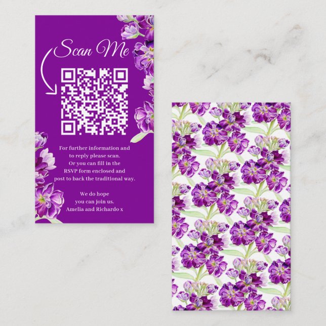 Scannen Sie mir lila Blume Art Hochzeit QR-Code Begleitkarte (Vorne/Hinten)