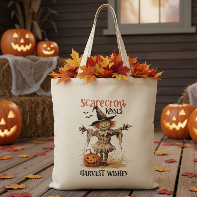 Scarecrow Kisses und Ernte wünscht Herbst Tragetasche (Scarecrow Kisses and Harvest Wishes Vintage Autumn Tote Bag)