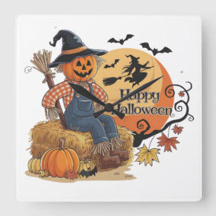 Scarecrow Pumpkin Halloween Rustic Vibes Art Quadratische Wanduhr