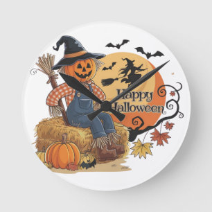 Scarecrow Pumpkin Halloween Rustic Vibes Art Runde Wanduhr