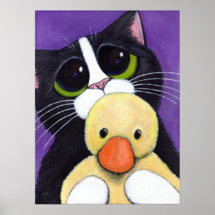 Scared Tuxedo Cat und Cudly Duck Malerei Poster