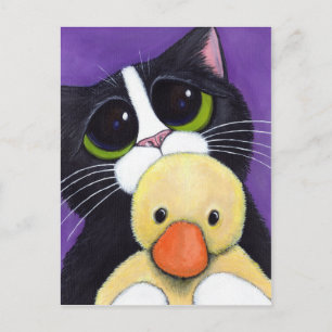 Scared Tuxedo Cat und Cudly Duck Malerei Postkarte