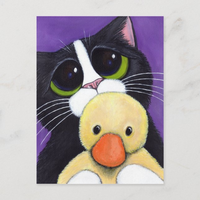 Scared Tuxedo Cat und Cudly Duck Malerei Postkarte (Vorderseite)