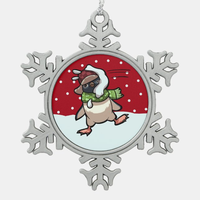 Scarf Penguin Hit By Snowball Weihnachten Cartoon Schneeflocken Zinn-Ornament (Vorderseite)