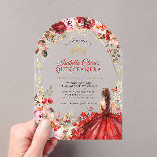 Scarlet Elegance Gold Enchanted Floral Quinceanera Acryleinladungen