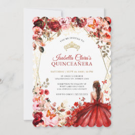 Scarlet Elegance Gold Enchanted Floral Quinceanera Einladung