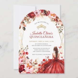 Scarlet Elegance Gold Enchanted Floral Quinceanera Einladung