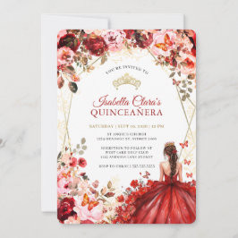 Scarlet Elegance Gold Enchanted Floral Quinceanera Einladung
