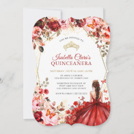 Scarlet Elegance Gold Enchanted Floral Quinceanera Einladung