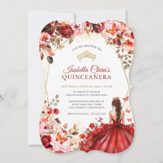 Scarlet Elegance Gold Enchanted Floral Quinceanera Einladung
