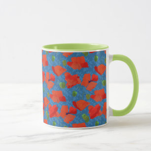Scarlet Field Poppies auf blauem Muster Tasse
