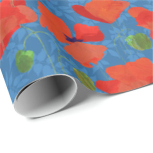 Scarlet Field Poppies auf dem blau grünen Hintergr Geschenkpapier