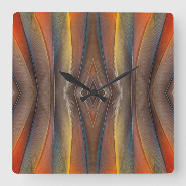 Scarlet Macaw feather design Quadratische Wanduhr (Vorderseite)