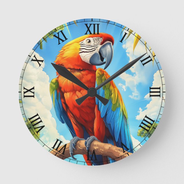 Scarlet Macaw in Jungle Runde Wanduhr (Vorderseite)
