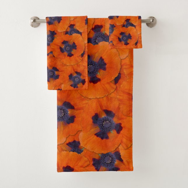 Scarlet Orange Mohn Nahtloses Muster Badhandtuch Set (Insitu)