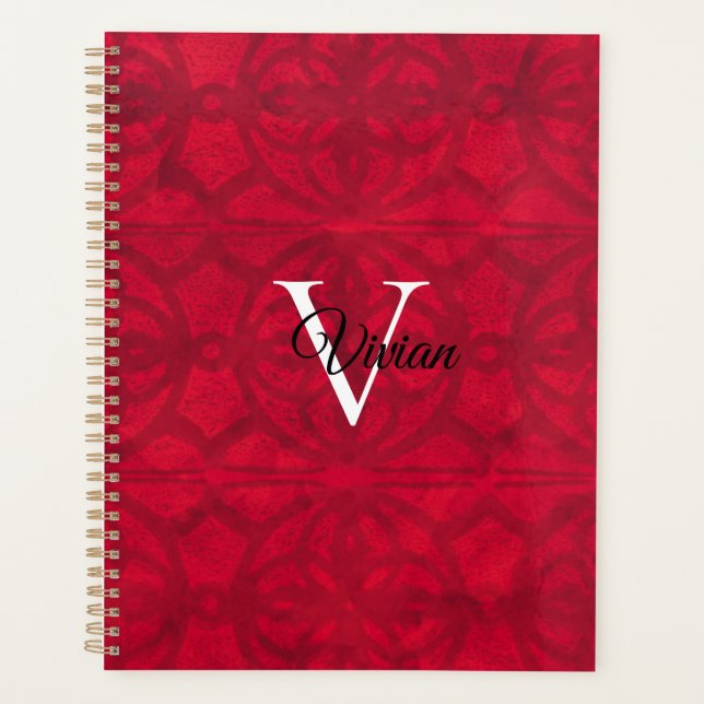 Scarlet Red Batik Elegante Monogram Name Planner Planer (Vorderseite)