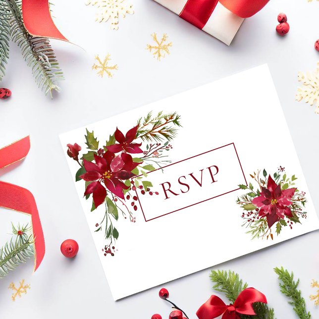 Scarlet Red Poinsettia Floral Wedding RSVP Einladungspostkarte (Von Creator hochgeladen)