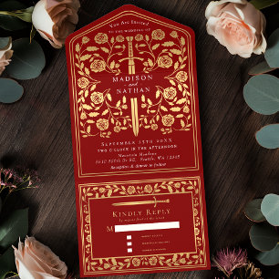 Scarlet Red Royal Medieval Sword Wedding All In One Einladung