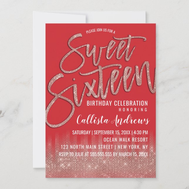 Scarlet Rose Gold Glitzer Typografie Sweet 16 Einladung (Vorderseite)