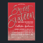 Scarlet Rose Gold Glitzer Typografie Sweet 16 Einladung<br><div class="desc">Dieses moderne und mädchenhafte Sweet 16 lädt das elegante und trendige Geburtstagsmädchen zum Entspannen ein. Es zeichnet sich durch ein hübsches und glamouröses Imitat bedruckte Rose Gold Funkeln Glitzer Sequin und Flammenskel rot ombre Farbverlauf. Es zeigt auch Rose Gold funkelnd Glitzer, "16 . Geburtstag" Pinseltypografie. Das elegante und stilvolle Design-Thema...</div>