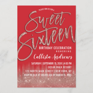 Scarlet Rose Gold Glitzer Typografie Sweet 16 Einladung