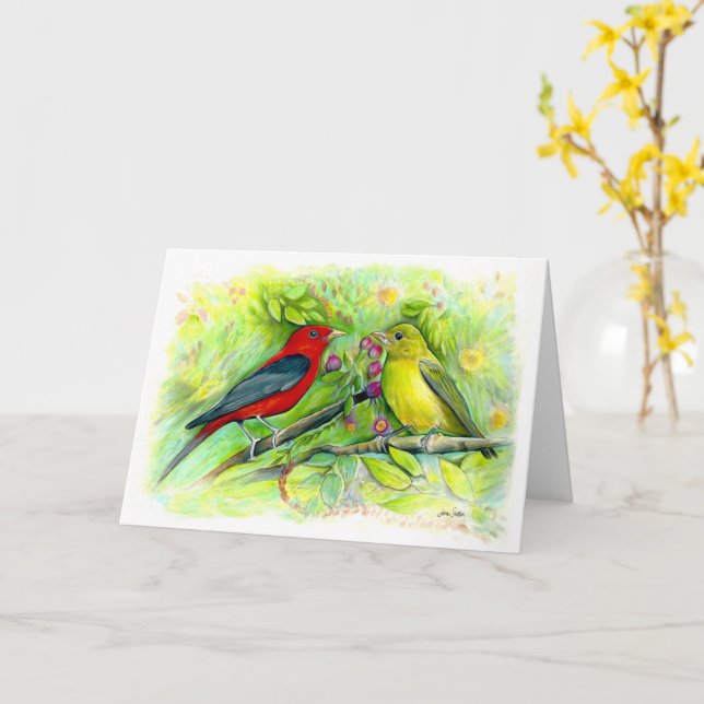 Scarlet Tanagers Aquarell Happy Birthday Karte (Gelbe Blume)