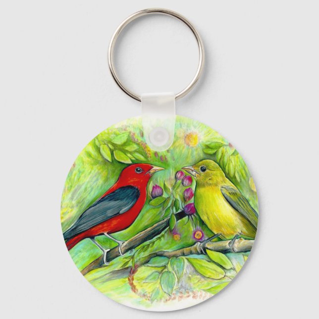 Scarlet Tanagers Aquarellfarbener Bleistift Drawin Schlüsselanhänger (Vorderseite)