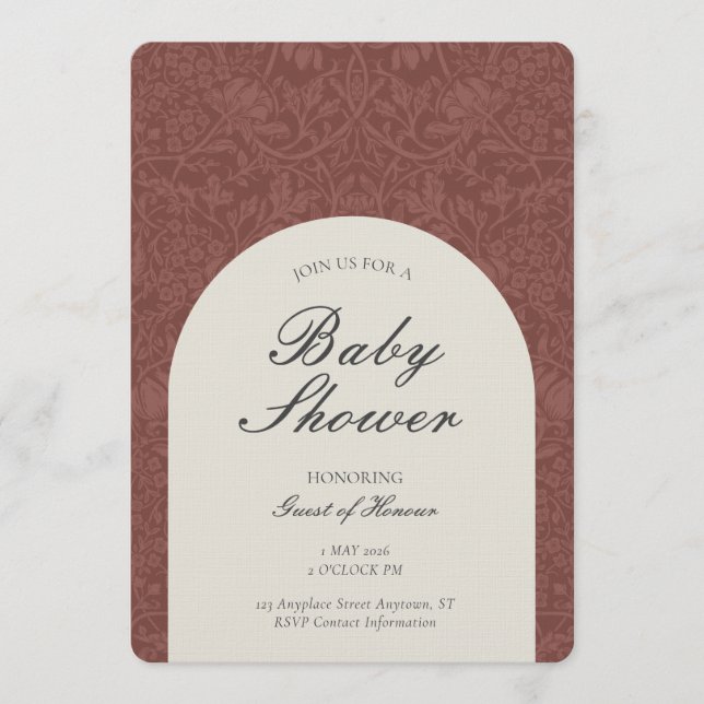 Scarlet Traditional Floral Arts and Crafts Shower Einladung (Vorderseite)