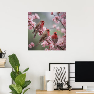 "Scarlet Trio: Rote Finken unter rosa Blüten" Poster
