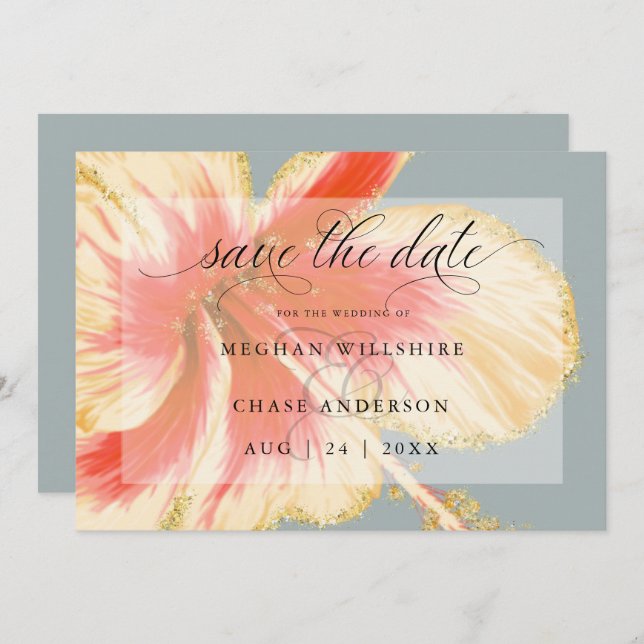 Scarlet und gelbe tropische Blume Wasserfarbensav Save The Date (Vorne/Hinten)